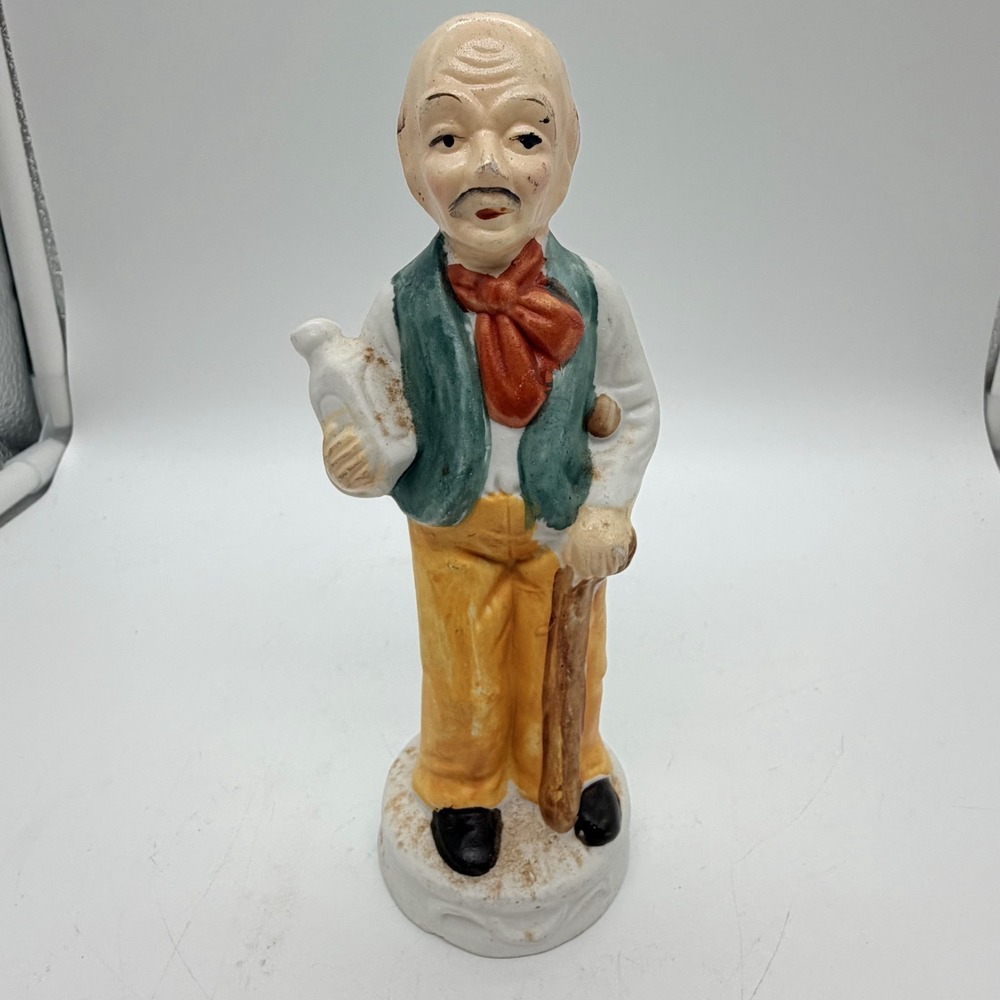 Vintage Peasant Old Farmer Man Porcelain Figure 6 1/2" Carrying Water Jug, Cane